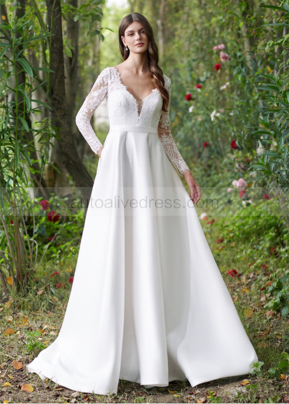 Long Sleeves Ivory Eyelash Lace Satin Awesome Wedding Dress